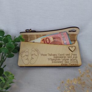 Hölzerner Geldumschlag zur Geburt – "Glückwunsch"  – Originelle Geschenkverpackung